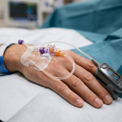 Le aree di rischio dove avviene l'errore medico Primo piano di una mano di un paziente in ospedale con flebo e saturimetro durante un ricovero; simbolo di danno biologico o complicazioni mediche per malasanità.