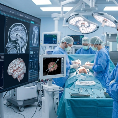 Equipe di neurochirurgia durante un delicato intervento al cervello con monitoraggio intraoperatorio per prevenire errori medici
