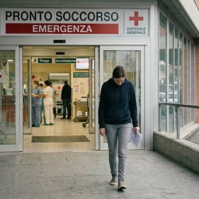 Quando la dimissione dal PS è considerata incauta DONNA Donna che esce dal pronto soccorso con fare dimesso e capo chino tenendo in mano dei referti medici; concetto di dimissioni incaute e malasanità.