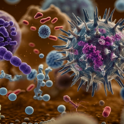 Rappresentazione microscopica di batteri; tutela legale per errori medici in infettivologia, ritardi diagnostici e terapie antibiotiche inadeguate.